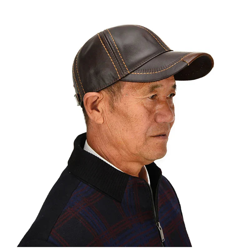 Men Real Cowhide Leather Earlap Caps Male Fall Winter 100% Real Cow Leather Hats New Casual Real Leather Outdoor Baseball Cap