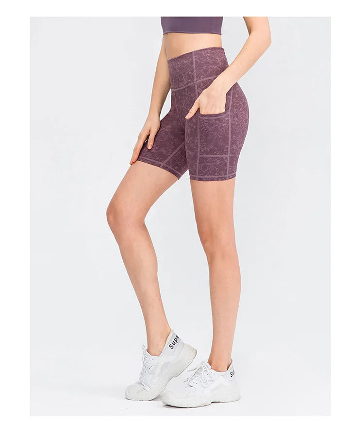 Women's printed nude yoga shorts with pockets skin-friendly tight stretch quick-drying sports fitness hiking running shorts