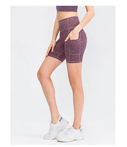 Women's printed nude yoga shorts with pockets skin-friendly tight stretch quick-drying sports fitness hiking running shorts