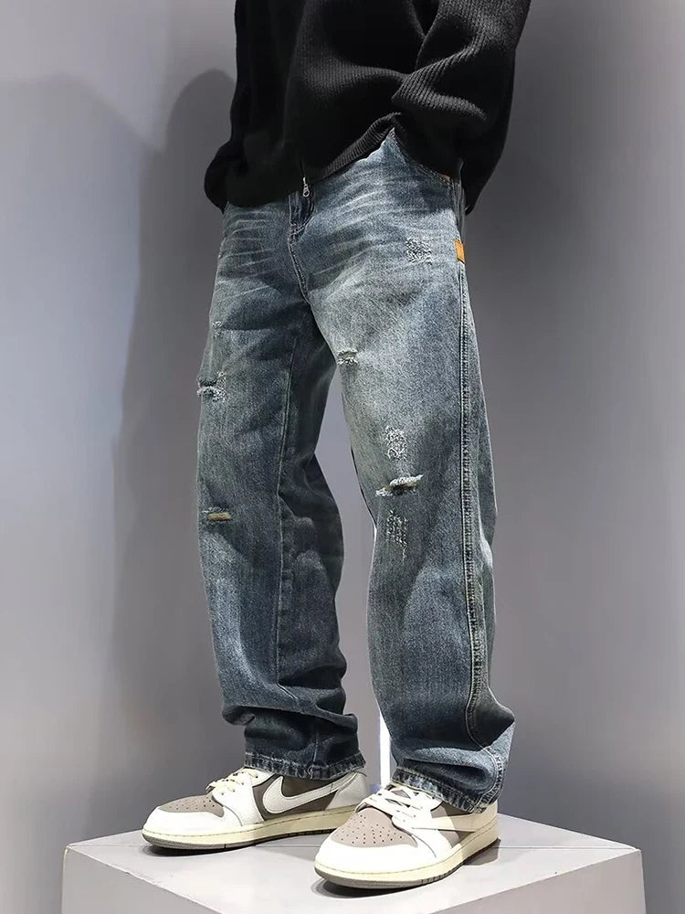 New Men's Ripped Jeans Baggy Straight Fashion Vintage Blue Denim Pants Personality Streetwear Hip Hop High Quality Male Trousers