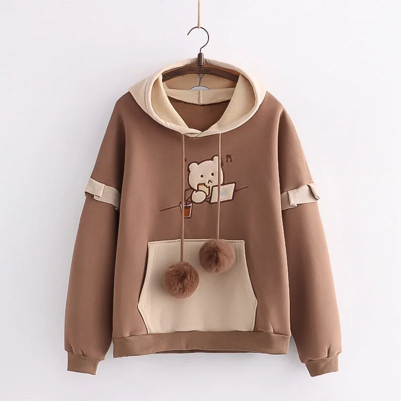 3XL Harajuku Aesthetic Bear Anime Hoodie Women Korean Kawaii Crewneck Long Sleeve Oversize Streetwear Kpop Y2K Winter Cloth Top