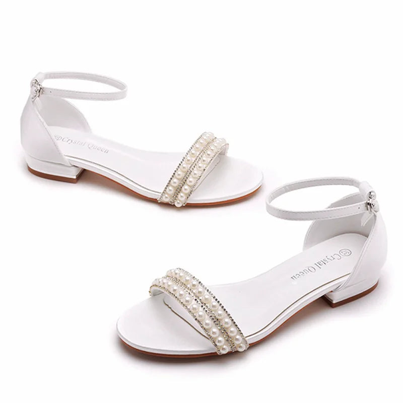 Summer new 2-cm square-heeled silk ribbon pearl rhinestone low-heeled wedding shoes beaded lace-up flat large-size women sandals