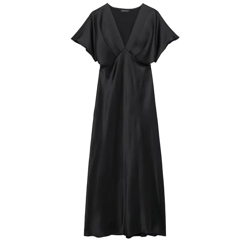 Midi Satin Dress Womens Dresses Black Khaki Blue Dress Summer 2025 Woman Ruffled V-Neck Bat Sleeve Vestido Party Dress 066