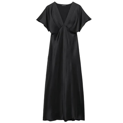 Midi Satin Dress Womens Dresses Black Khaki Blue Dress Summer 2025 Woman Ruffled V-Neck Bat Sleeve Vestido Party Dress 066