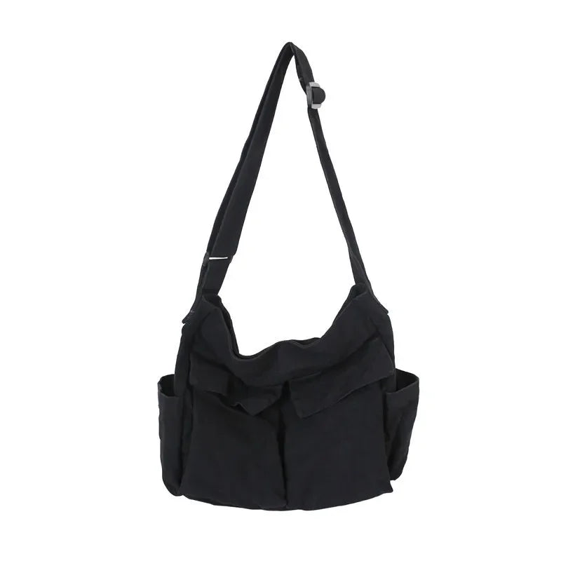 Women's Campus Messenger Bag Large Capacity Solid Color Canvas Shoulder Backpack Casual Handbag