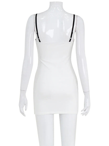 Lace Patchwork Spaghetti Dresses For Women Fashion Sexy Club Y2K Sleeveless Slash Neck Skinny Mini Vestidos Robes Female Bodycon