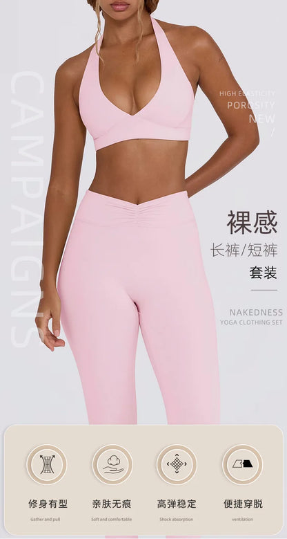 Women's Yoga Suits Quick Drying Leggings Gym Shorts Nude Hanging Neck Bra Running Gym Exercise Sets