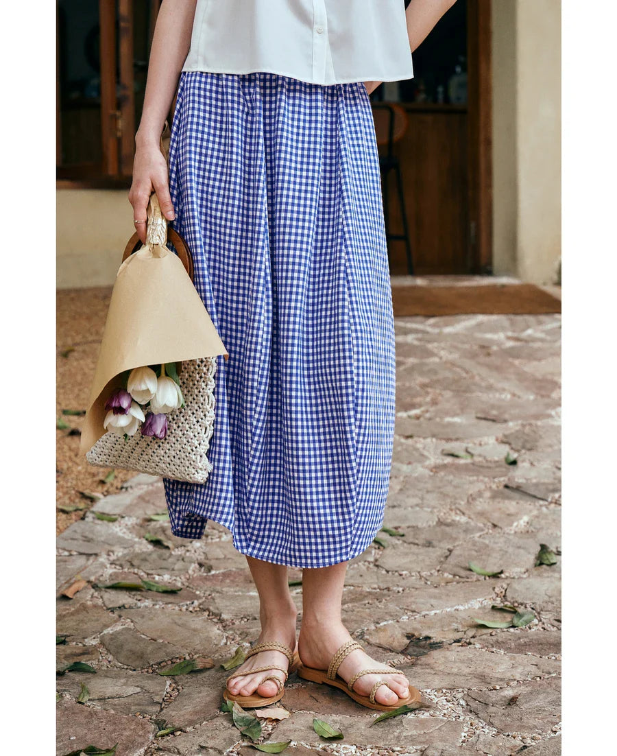 Women's Summer 2026 Midi Elastic Waistband Skirt Elegant Office Ladies Blue Plaid BUD Skirt Female Clothes O57XB99598