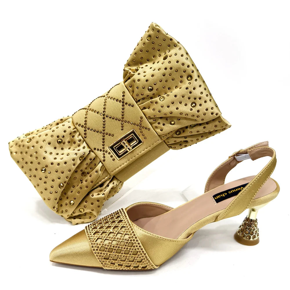 Elegant Nigerian Women’s Wine Colour Heeled Shoes and Rhinestone Handbag Set – Italian Design for Parties and Weddings