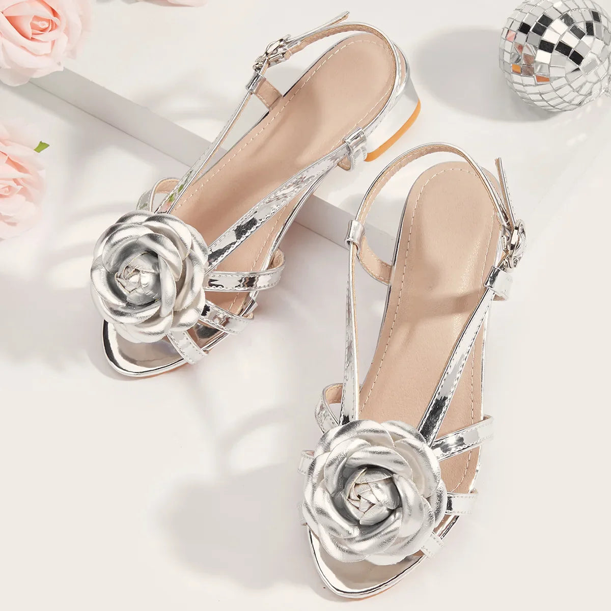 2025 Summer New Children's High Heels Fashion Flower Girls' Princess Sandals Silver Kid's Performance Dance Shoes 5-10 Years Old