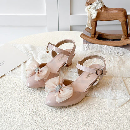 Girls Sandals Fashion Bow Girls High Heels Pink Kid Non-slip Princess Performance Shoes 3-18 Years Old Children's Leather Shoes