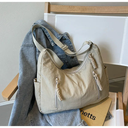Summer Women Solid Color Shoulder Bag Fashion Lightweight Versatile Travel Crossbody Bag Commuter Nylon Large Capacity Hobo Bag