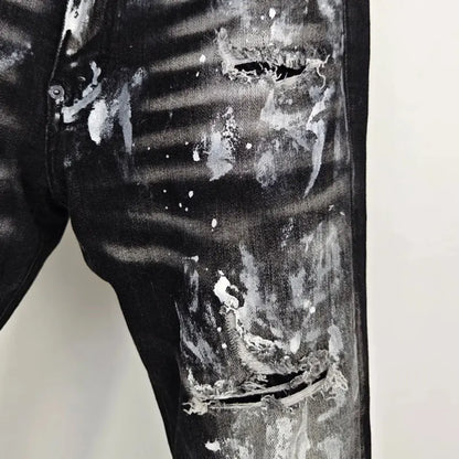 Street fashion men's black gray jeans, high-quality stretch slim fit painted corrugated jeans designer retro hip-hop brand pants