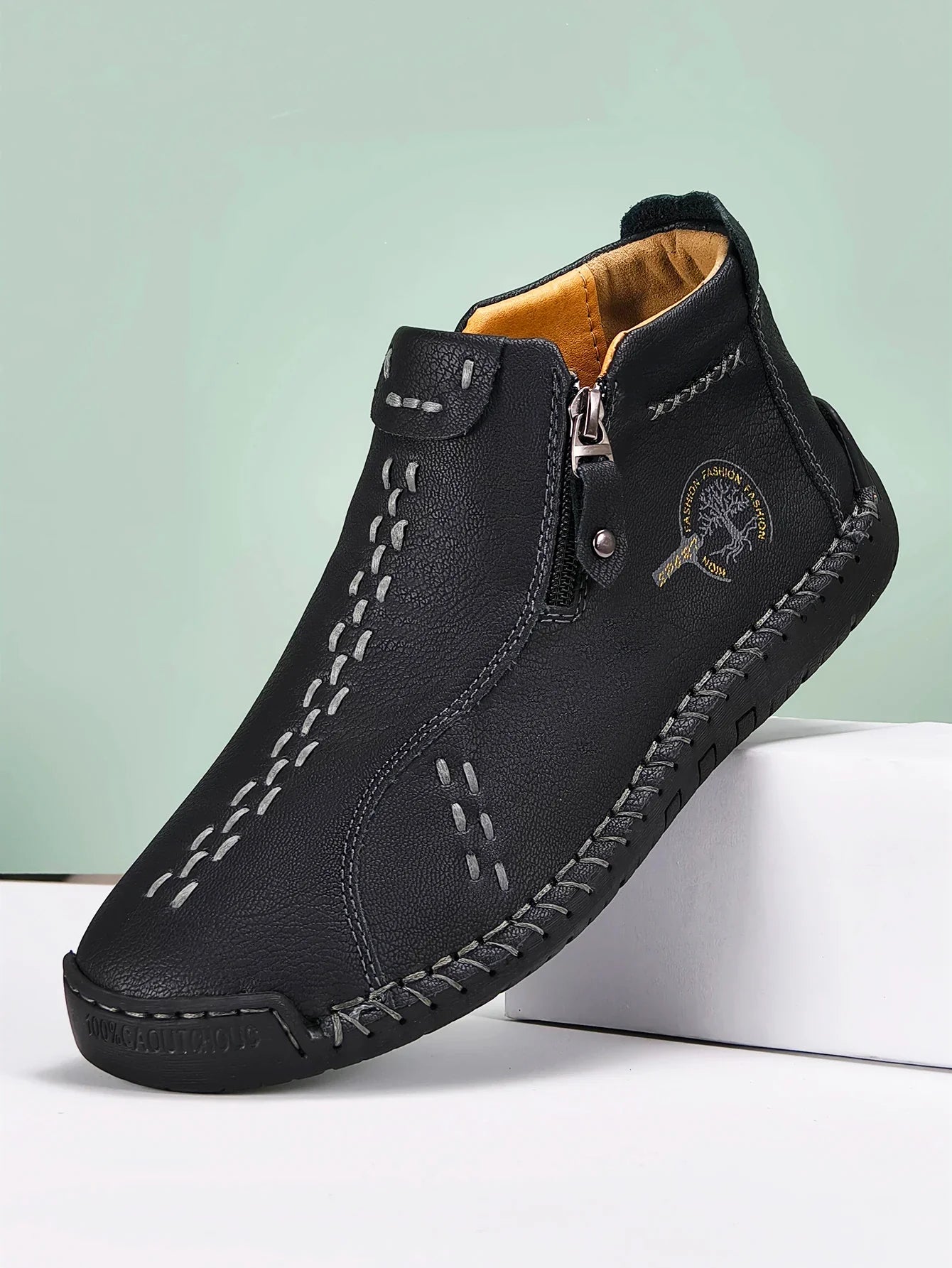 Sapatos Masculinos Clássicos de Couro Feitos à Mão, Design com Zíper, Tênis Esportivos para o Ar Livre, Sapatos Casuais Respiráveis com Elástico, Botas Masculinas de Couro no Tornozelo