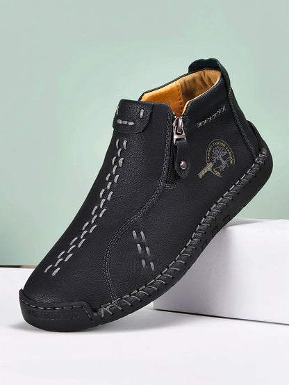 Sapatos Masculinos Clássicos de Couro Feitos à Mão, Design com Zíper, Tênis Esportivos para o Ar Livre, Sapatos Casuais Respiráveis com Elástico, Botas Masculinas de Couro no Tornozelo