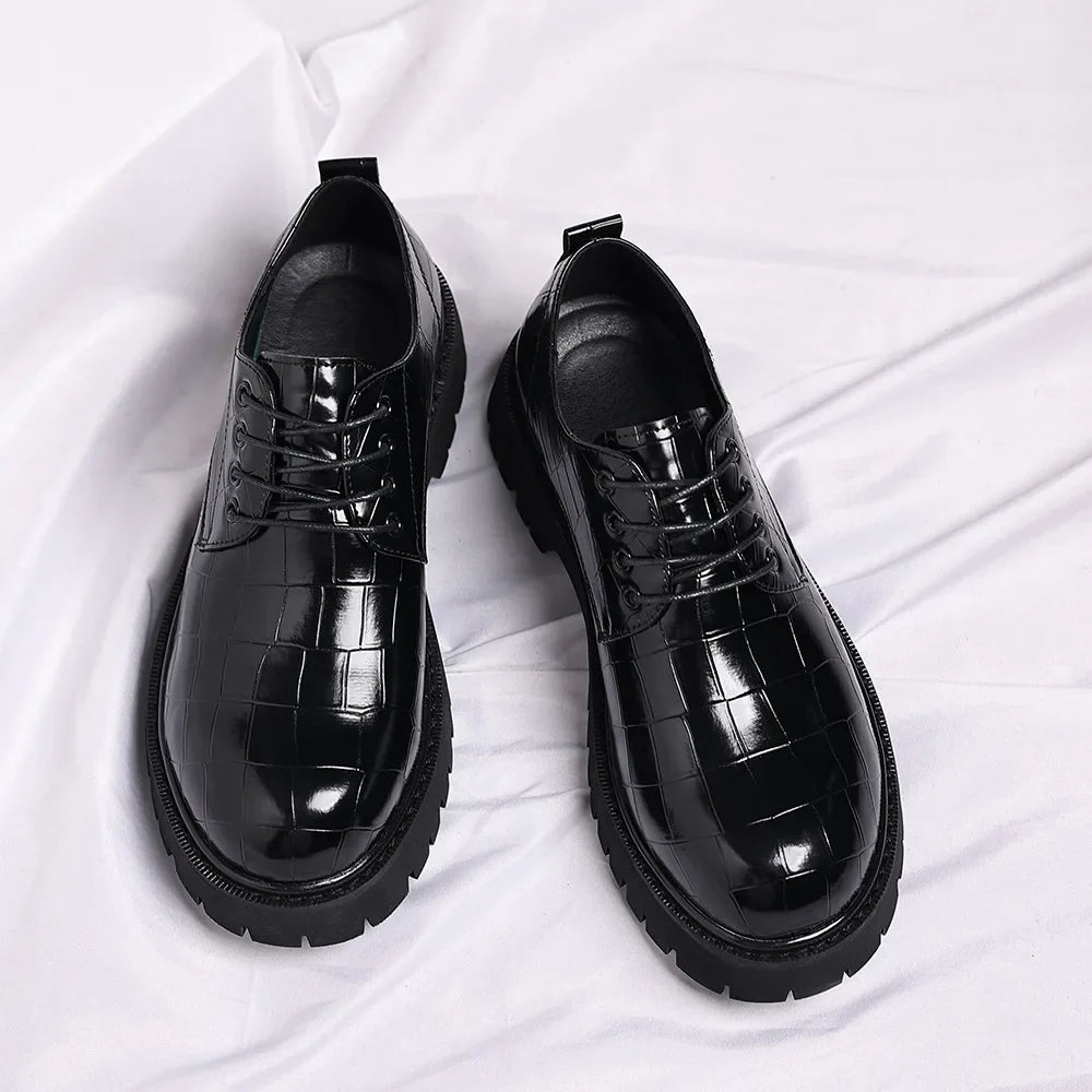 Business Formal Big Head Leather Shoes Men Spring Autumn Fashion Platform Shoes Male Lace Designer Stone Pattern Dress Shoes Man