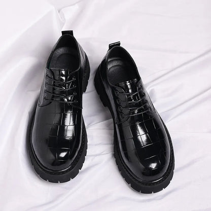 Business Formal Big Head Leather Shoes Men Spring Autumn Fashion Platform Shoes Male Lace Designer Stone Pattern Dress Shoes Man