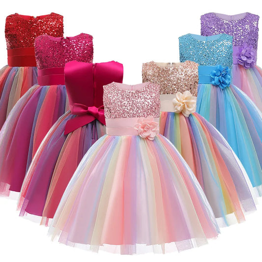 Girl's sequin flower princess dress 3-12 years old fashionable bow colorful lace mesh dress carnival birthday party performance
