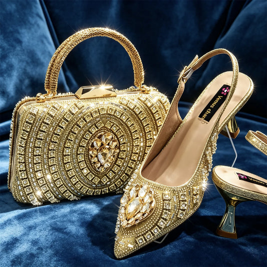 Italian Inspired Gold Rhinestone HAND CRAFTED UPPER Pointed Toe Women High Heels Shoes and bag Set Elegant Party Shoes
