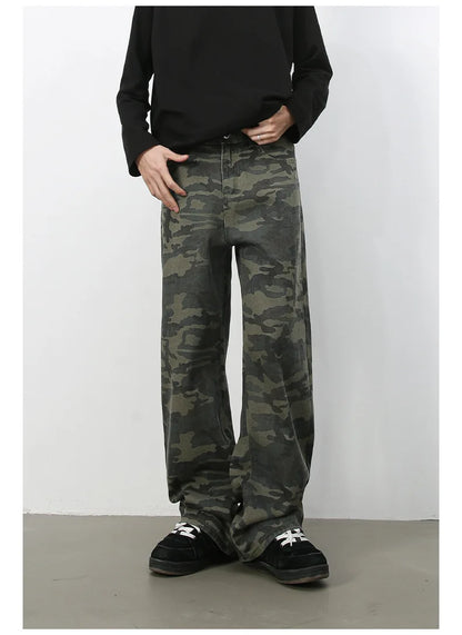 Tide Camouflage Jeans Men's Ins Loose Straight Wide Leg Casual Denim Pants Loose Male Trousers 12C2036