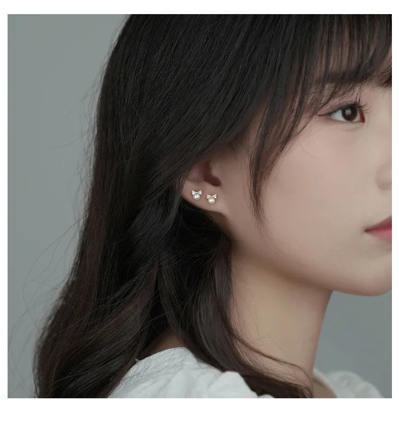 Korea Exquisite Vintage Zircon Pearl Bow Sweet Stud Earrings for Women 925 Sterling Silver Jewelry