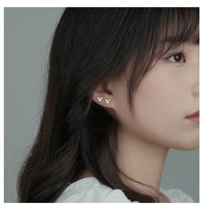 Korea Exquisite Vintage Zircon Pearl Bow Sweet Stud Earrings for Women 925 Sterling Silver Jewelry