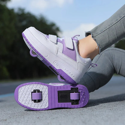 Autumn 2025 Kids Walking Shoes Detachable Double Wheel Roller Skates Boy Leather Student Shoe Four Wheeled Children Shoes Girl