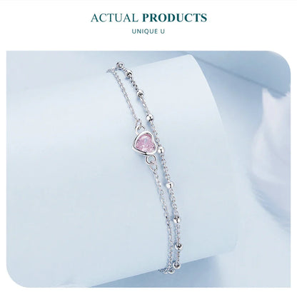 925 Sterling Silver Double Layer Bracelet Pink Heart Adjustable Round Beads Chain Link for Women Valentine's Day Gift