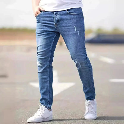 Calça Jeans Masculina Skinny Destroyed Primavera 2026 Lavagem Vintage Elástica Biker com Buracos Casual Ajuste Justo Streetwear Jeans Lápis Jogger
