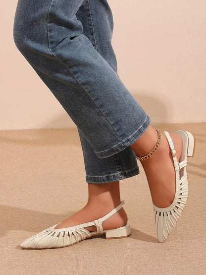 Elegant Pointed Toe Slingback Sandals for Women Summer - Pleated Mesh Low Block Heel Pumps - Adjustable Buckle Strap Dress Shoes