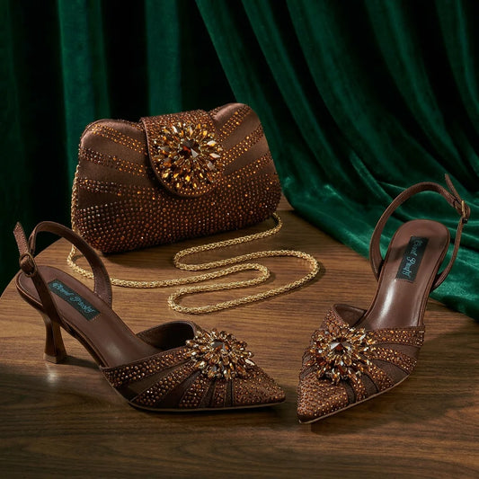 New Italian Pumps and Bag To Party 2026 INS Style Pointed DURABLE OUTSALE Rhinestone Elegant Coffee Color High Heels for Women