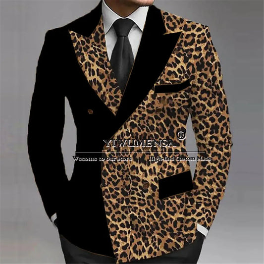 Leopard Splicing Wedding Tuxedo Bespoke Groom Wear Peaked Lapel Prom Male Birthday Party Jacket Black Pants 2 Pieces Suits Men