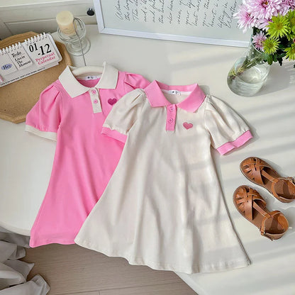 Girls Cotton Lapel Collar Dress Cute Solid Color  Pink  A-line Dress Kids Casual Skin-friendly Daily  Dress