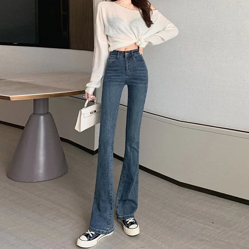 High-waist Elastic Slim Fit Street Style Straight Crotch Bell Bottoms