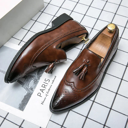 Pointed Toe Brogues Shoes Men Classic Casual Business Leather Shoes For Men Formal Social Party Leather Tassel Loafers Male