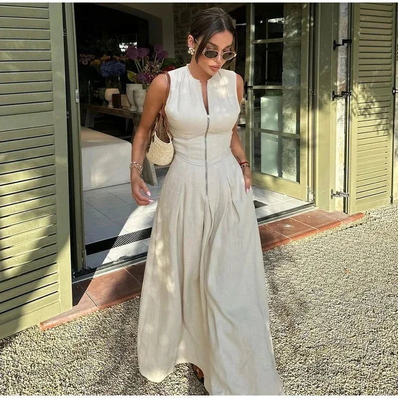 Draped Long Dresses for Women Zip Sleeveless Maxi Dress Woman Summer Holiday Womens Dresses Ruched Party Female Dress