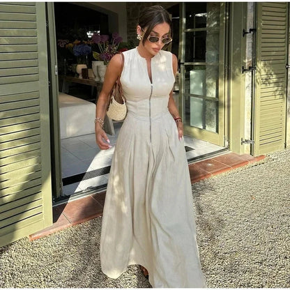 Draped Long Dresses for Women Zip Sleeveless Maxi Dress Woman Summer Holiday Womens Dresses Ruched Party Female Dress