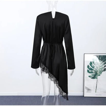 Women's Satin Blouse With Lace Trim Fashion O-neck Long Sleeve Lace Up Waist Irregular Tops 2026 Spring New Chic Lady Streetwear
