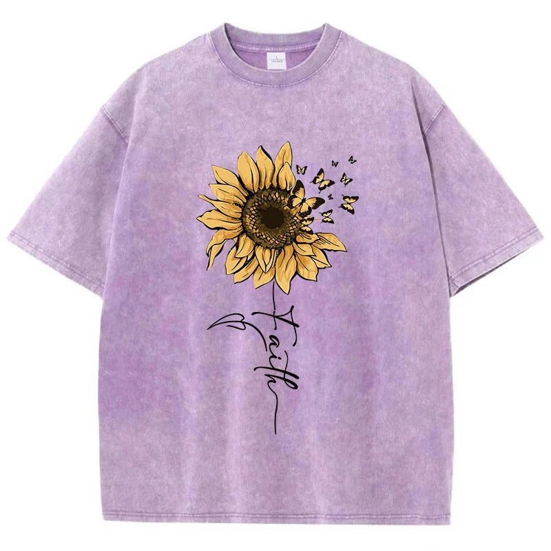 Sunflower And Butterfly Cotton Washed T-Shirt Women Prints Tops Summer O-Neck Oversized T Shirts Vintage Black Woman Clothes