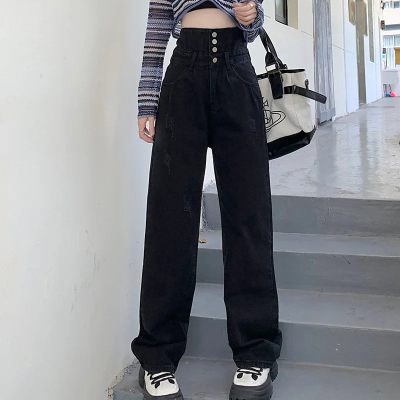 Hight Waist Denim Pant Women Jeans Vintage Straight Trousers Jeans Autumn Spring Fashion Female Black Casual Wide Leg Pants