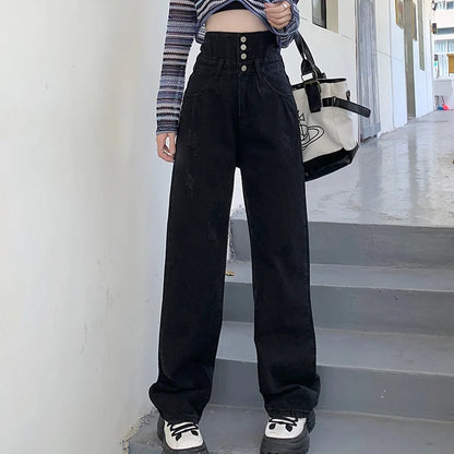 Hight Waist Denim Pant Women Jeans Vintage Straight Trousers Jeans Autumn Spring Fashion Female Black Casual Wide Leg Pants