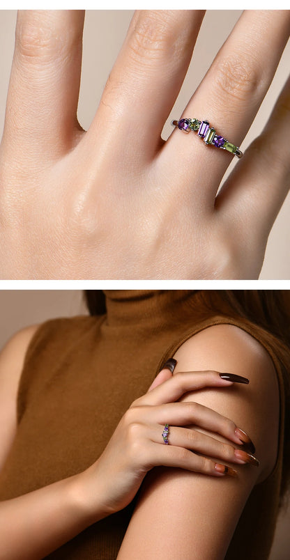 Minimalist Natural Amethyst Peridot Ring 925 Sterling Silver for Women Men Fine Wedding Party Wear Jewelry Gifts