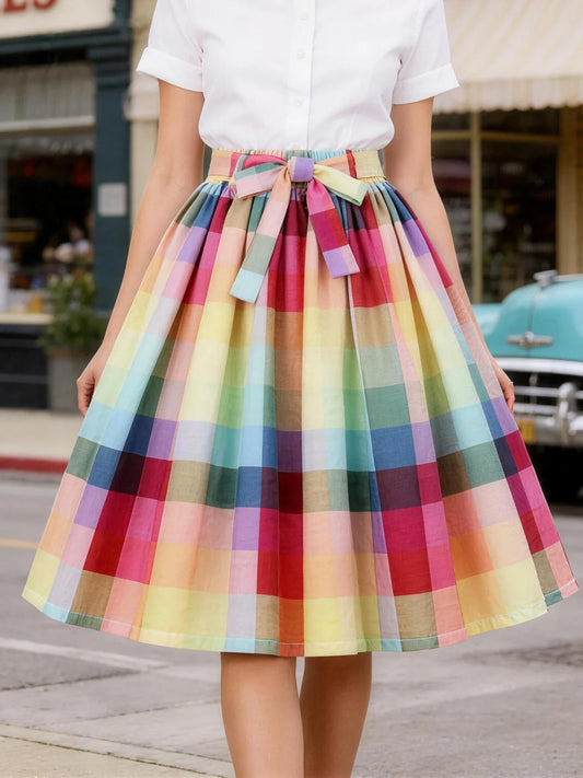 Rainbow Color Women's Skirts Summer Clothes 2026 Elastic Waist Vintage Pleated Belted Swing Colorful Skirt