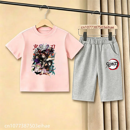 Demon Slayer Ghost Blade Character Print Kids T-Shirt Casual Shorts Anime Comic Design Summer Comfortable Daily Wear Outfit Set
