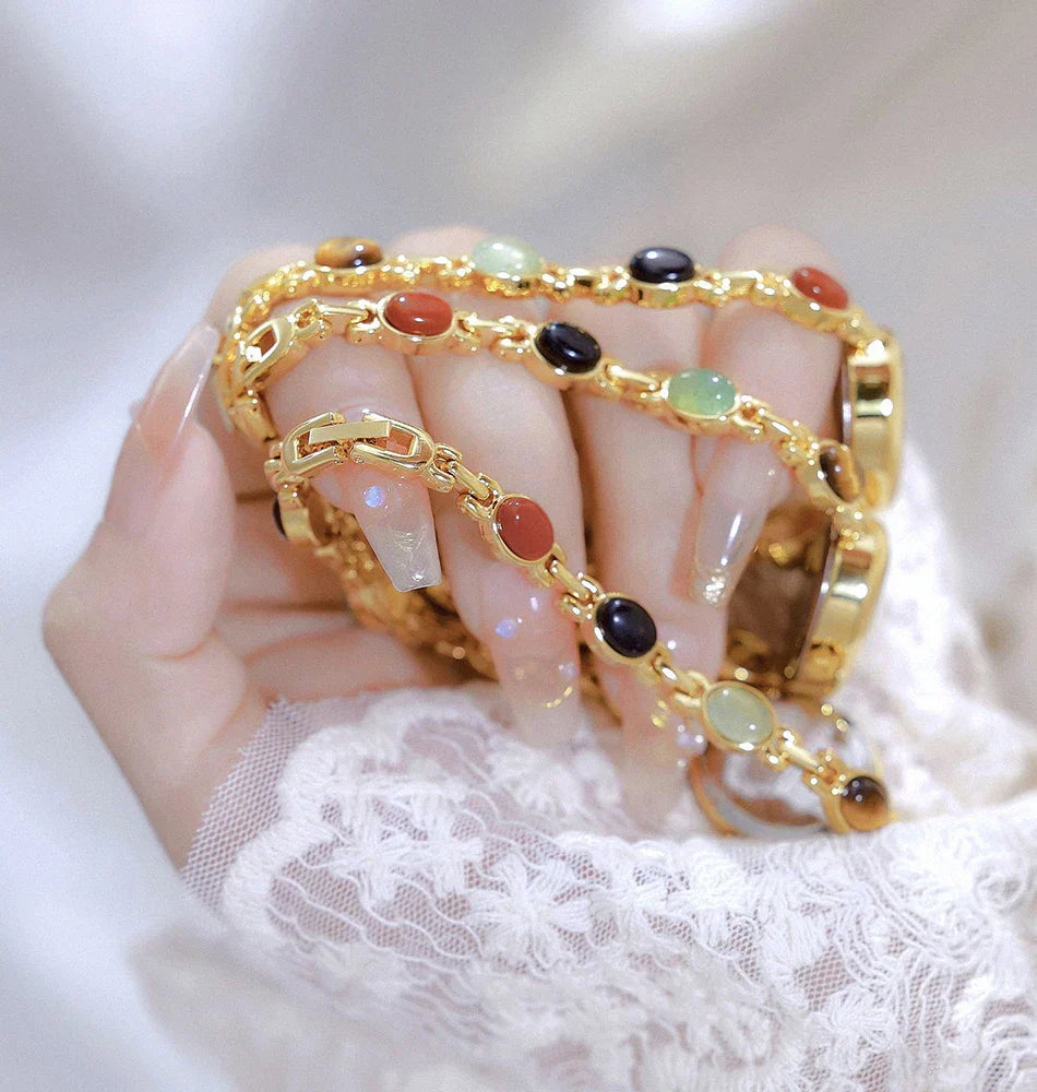 Women's watch Vintage Natural Colorful Jade Bracelet Wristwatches Clock,Luxury Elegant Small Oval Dial Quartz Watch Waterproof