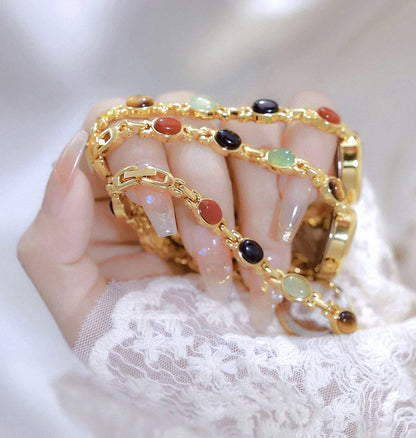 Women's watch Vintage Natural Colorful Jade Bracelet Wristwatches Clock,Luxury Elegant Small Oval Dial Quartz Watch Waterproof