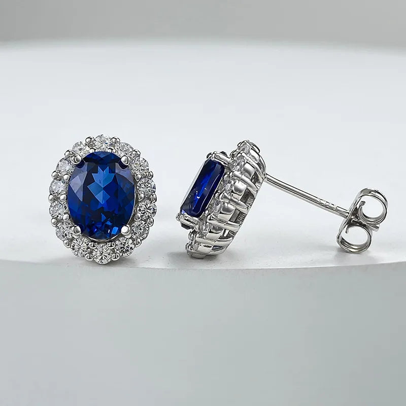 Classic Oval 6*8mm Red/Blue Zircon Stud Earrings For Women 100% 925 Sterling Silver Sparkling Wedding Fine Jewelry