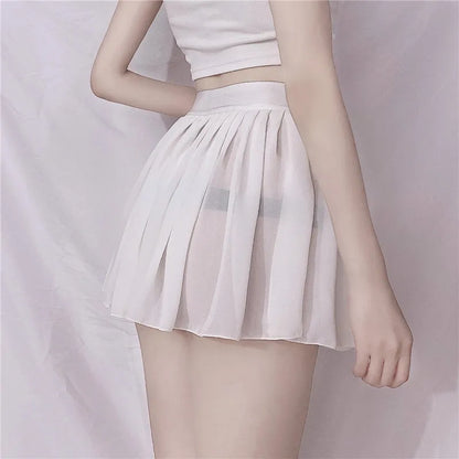 Elastic See Through A-Line Pleated Mini Solid Black Sheer Sexy High Waisted White Lace silk Short Skirts for Woman Spring Summer