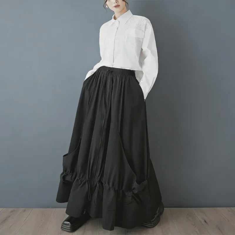 2026 New Solid Color Spring And Summer Feminine Temperament Zipper Fashion Loose Irregular Drawstring Elegantankle-length Skirt