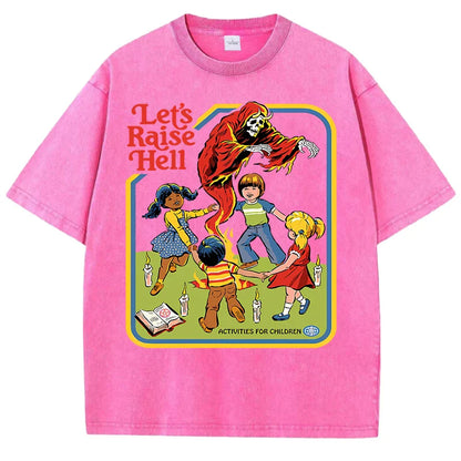 Let'S Raise Hell Printed Snow Wash Tee Shirts Man Breathable Cotton T Shirt Sportwear Clothing Crewneck Loose Short Sleeve